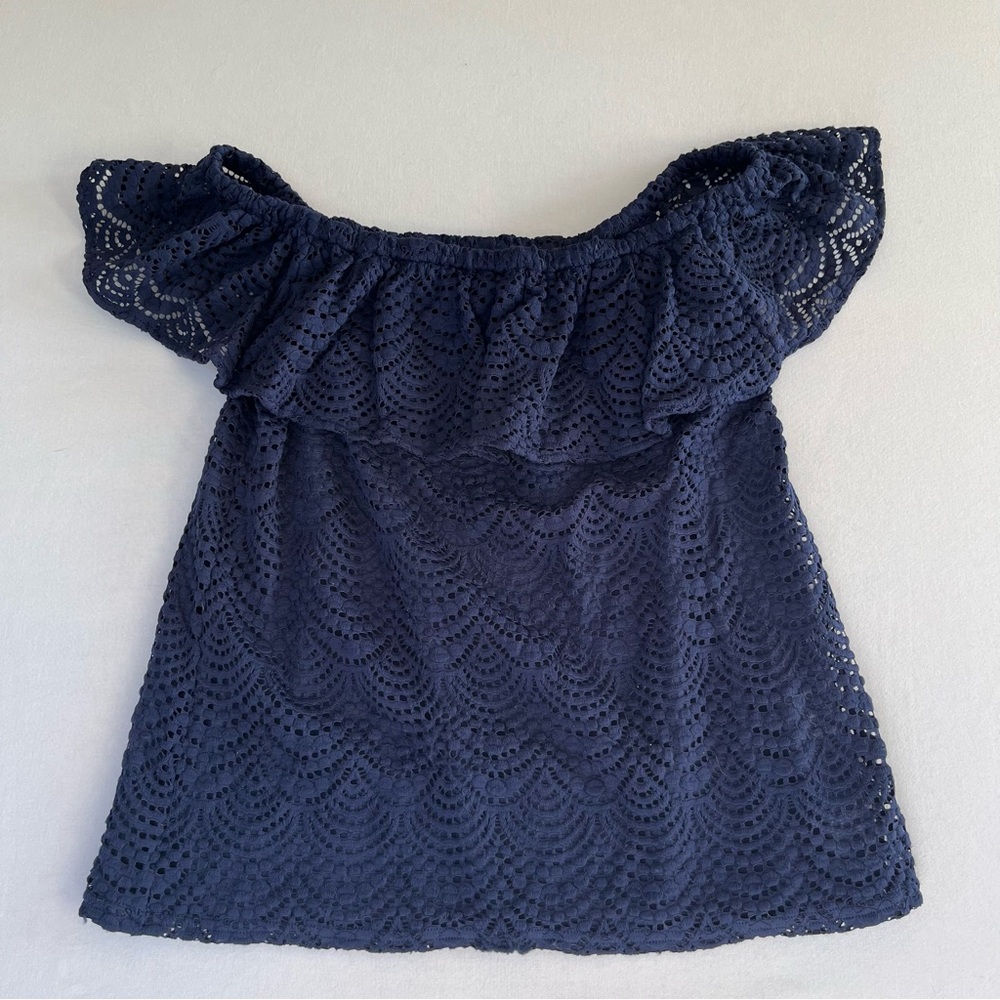 Lilly Pulitzer Woman Eyelet Off Shoulder Top Ruffle Lace Navy Blue Blouse Size S
